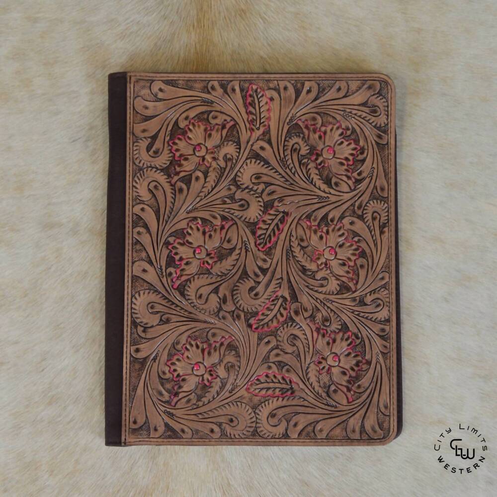 NEW WESTERN LINENS tooled floral padfolio in pink